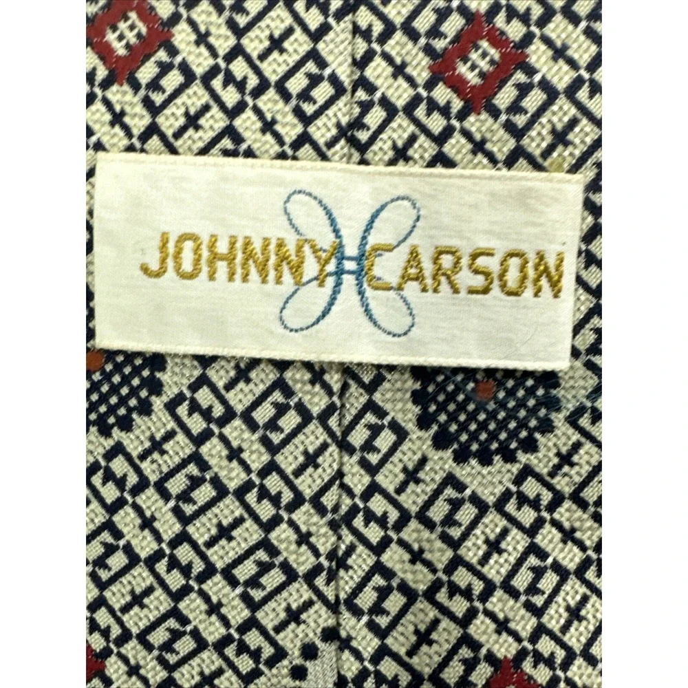 Vintage Johnny Carson Mens Geometric Medallion Tie Navy Blue Red Cream Polyester